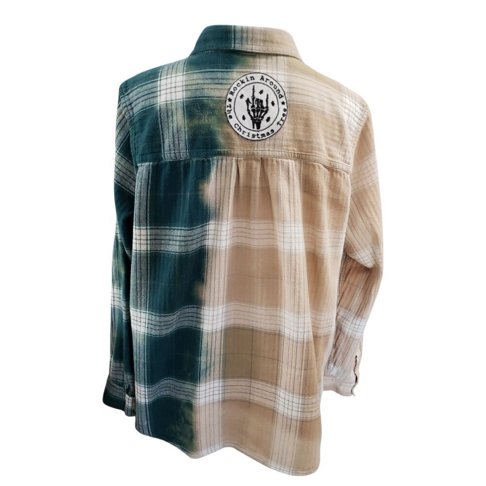 Womens Upcycled Distressed Flannel with "Rockin Xmas Tree" Embroidered Patch XL